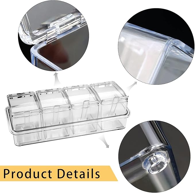 4-Cell Clear Seasoning Rack Spice Box, Storage Container Condiment Jars Acrylic Seasoning Box with Cover and Spoon (Basic Clear)-CasaMuseHome