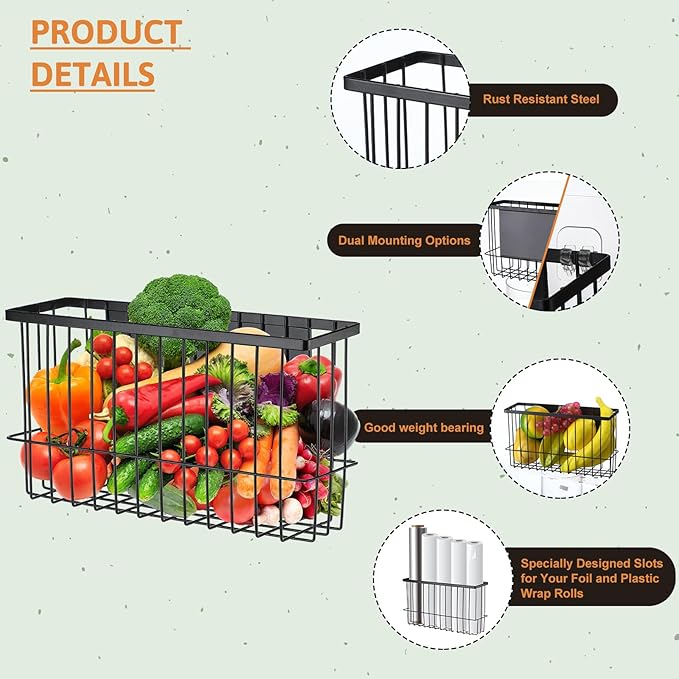 3 Pcs Magnetic or Adhesive Refrigerator Organizer Magnetic Baskets Kitchen Holder for Refrigerator Metal Shelf Rack Storage with 2 Types of Installation(Black)-CasaMuseHome