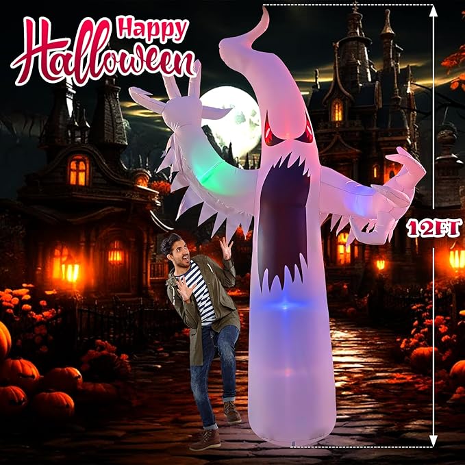 12FT Halloween Inflatables Giant White Ghost, Halloween Inflatable Outdoor Decoration, LED Colored Lights, Scary Red Eyes, Devil Claws, for Indoor and Outdoor Halloween Blow Ups Party Decorations-CasaMuseHome