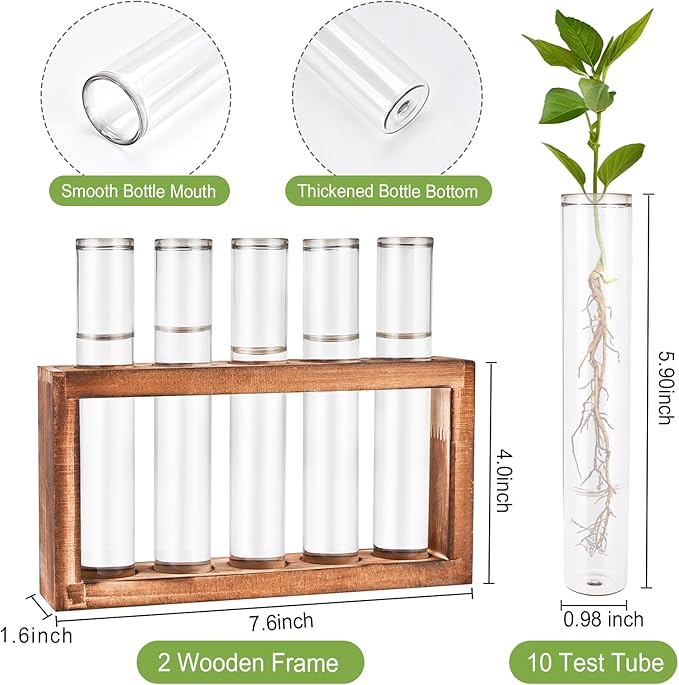 2pcs Desktop Glass Plant Propagation Station with 10 Test Tubes in Wooden Stand - Hydroponic Plants Cutting Office Home Decoration and Garden Decor Terrarium (10 Tubes)-CasaMuseHome