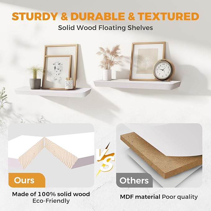 16"x6.8"x1.6" Slanted Floating Wall Shelves 2-Pack - Rustic White Finish, Heavy-Duty Solid Wood Design with Hidden Brackets - Perfect for Living Room, Kitchen, Bathroom, or Office-CasaMuseHome