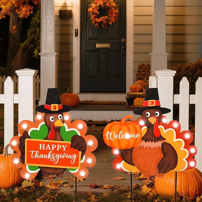 2 PCS Fall Decorations Outdoor Metal Happy Thanksgiving Decorative Garden Stakes with Led Light Welcome Pumpkin Turkey Yard Signs Fall Harvest Lawn Garden Lawn Pathway Decor-CasaMuseHome