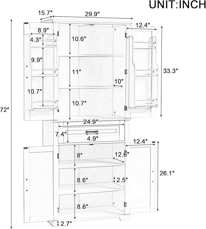 72.2" Tall Storage Cabinet with 4 Doors and Drawer, Freestanding Linen Cabinet, Wooden Pantry with Adjustable Shelf for Kitchen, Bathroom, Living Room Black-CasaMuseHome