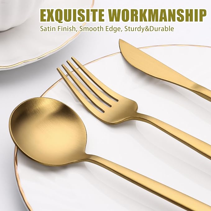 40 Piece Gold Silverware Set for 8, Terlulu Stainless Steel Flatware Set, Gold Cutlery Set Utensils Set, Tableware Include Forks Knives Spoons for Home Kitchen Restaurant Wedding, Satin Finish-CasaMuseHome