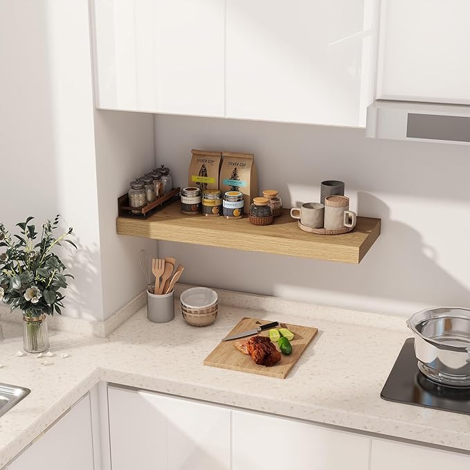 30 Inch Floating Shelves, 12 Inch Deep Floating Shelves for Wall, Rustic Wood 30 x 12 Shelves for Wall Storage & Display, 2 Inch Thicked Floating Shelf for Bathroom, Living Room, Oak Color, 2 Pack-CasaMuseHome