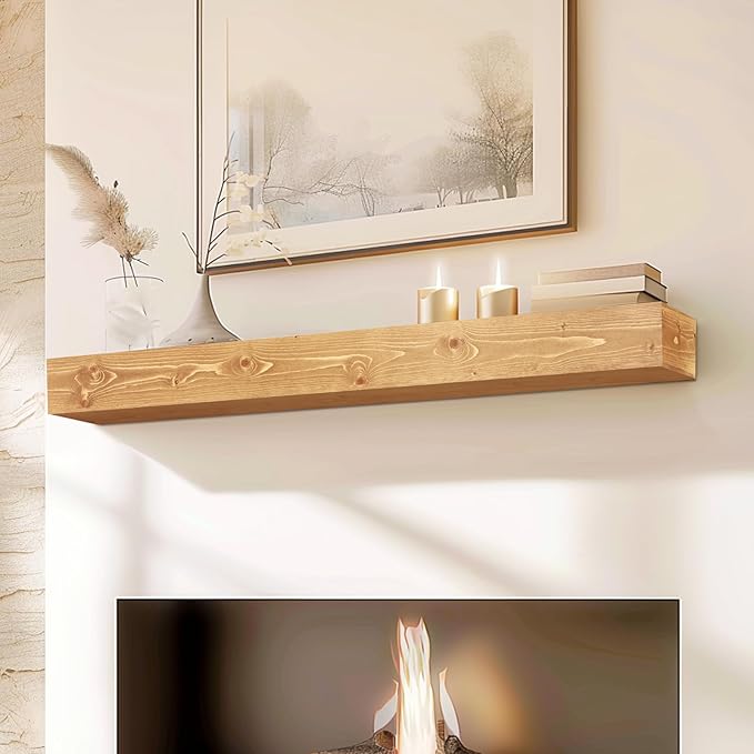 48x8x5 Fireplace Mantel - Handcrafted Rustic Solid Wood Wall Mounted Floating Shelf with Invisible Heavy Duty Wood Bracket (Natural)-CasaMuseHome