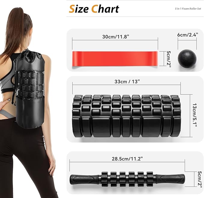 5 in1 Foam Roller Set, Trigger Point Foam Roller, Massage Roller Stick, Massage Ball, Resistance Band for Deep Muscle Massage Pilates Yoga,Fitness Exercise for Whole Body (Black-Red)-CasaMuseHome