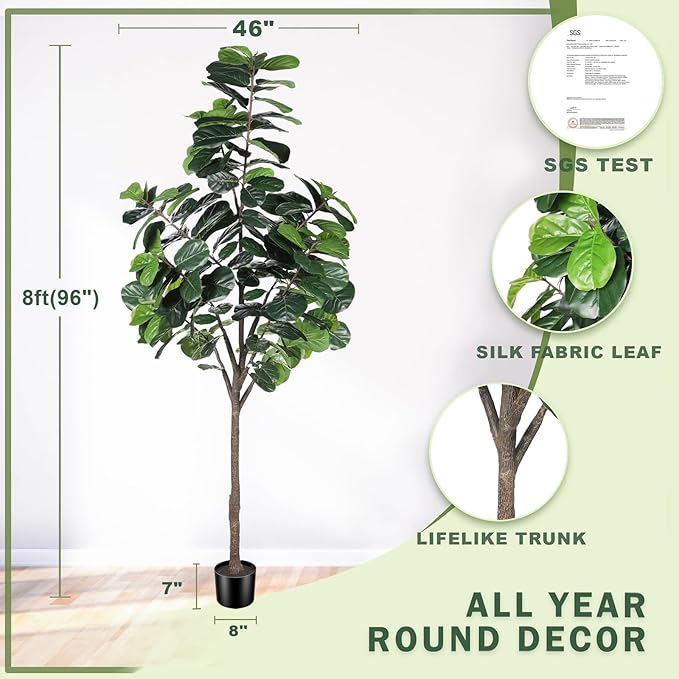 8ft(96in) Fiddle Leaf Fig Tree Artificial - Tall Faux Fiddle Leaf Fig Tree - Fake Fig Plant with Realistic Texture for Indoor Outdoor Modern Home House Office-CasaMuseHome