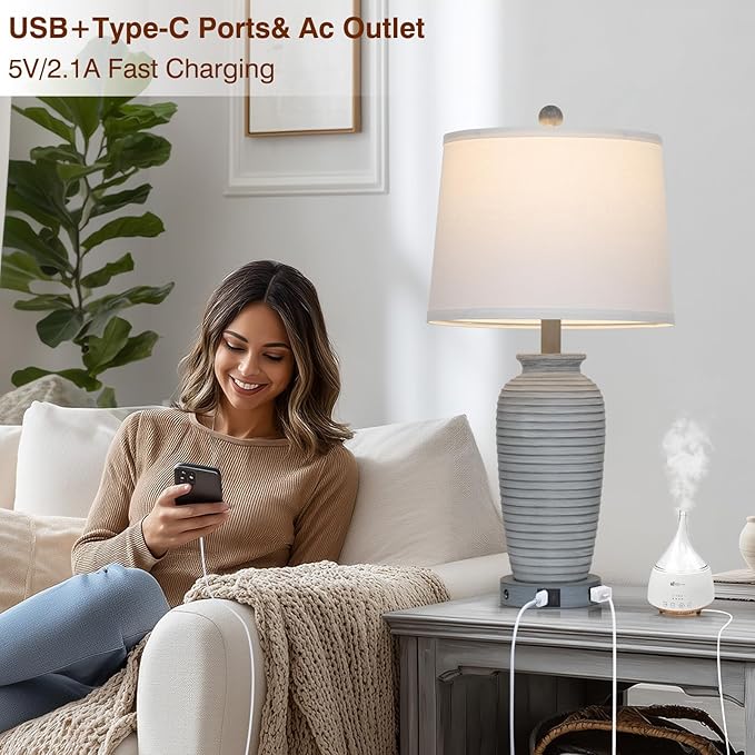 25" Farmhouse Jar Table Lamp Set of 2 Vintage Rustic Lamps for Living Room, Resin Bedside Nightstand Lamps with Linen Lampshades, Retro Pot Lamp for Living Room, Bedroom(LED Bulbs Included)-CasaMuseHome