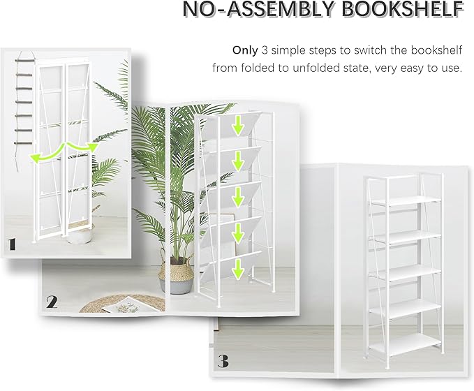 4NM No Assembly Foldable Bookshelf, 5-Shelf Collapsible Bookcase Storage for Small Spaces, 62.2" H, All White-CasaMuseHome