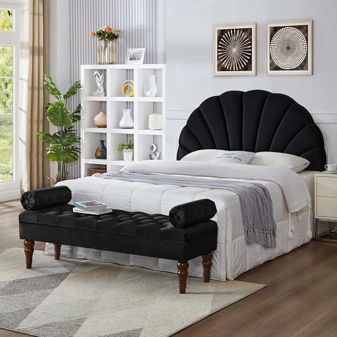 24KF Stunning Crown Design Queen Headboard, Upholstered Soft Velvet Petal Pattern Headboard Queen/Full-Black-CasaMuseHome