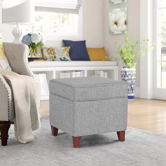 Adeco 17" Square Ottoman with Storage, Small Blue Storage Ottoman Foot Rest with Hinged Lid & Solid Wood Legs, Linen Fabric Foot Stool for Living Room & Bedroom-CasaMuseHome