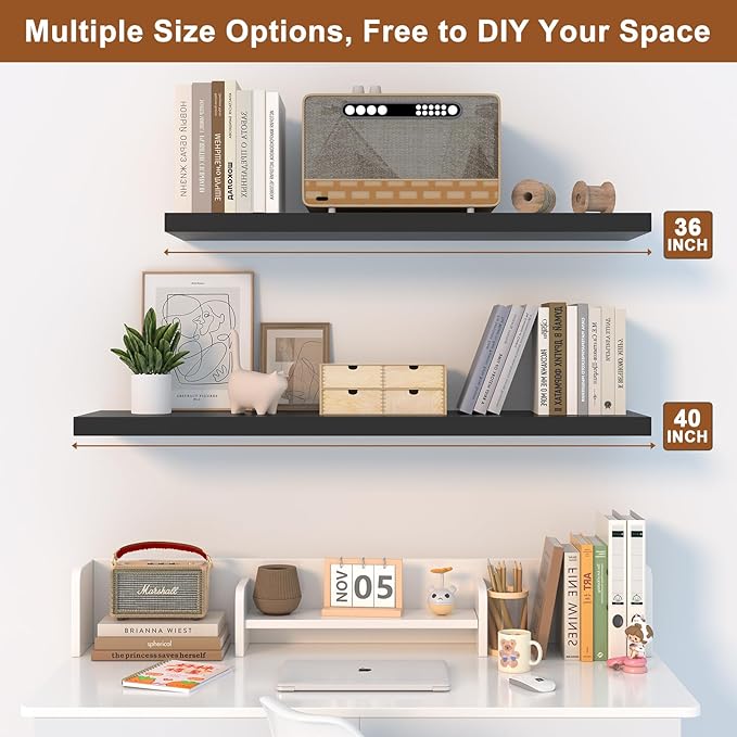 40 Inch Floating Shelf 3 Pack Large Floating Shelves for Wall No Drilling Accessories Included Deep Wall Shelves for Living Room Kitchen Farmhouse 40" W x 12" D x 1.2" Black-CasaMuseHome