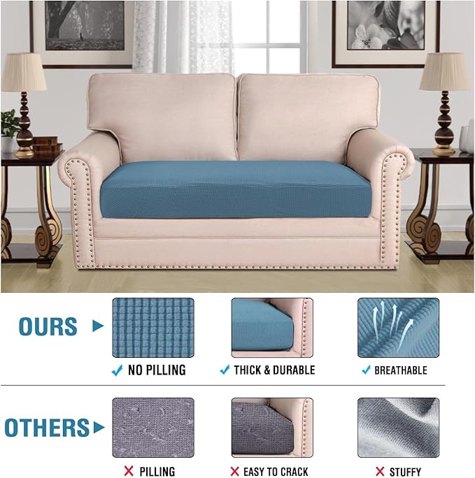 H.VERSAILTEX Super Stretch Individual Seat Cushion Covers Sofa Covers Couch Cushion Covers Slipcover Sets Thick Jacquard Textured Twill Fabric (1 Piece Loveseat Cushion Cover, Dusty Blue)-CasaMuseHome
