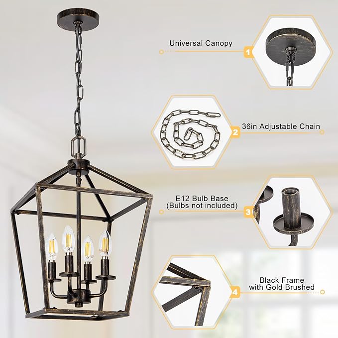 4 Light Chandelier Lighting, Industrial Ceiling Light Black Lantern with Brushed Gold, Geometric Metal Hanging Light Fixture with Adjustable Chain, E12 Base for Entryway Kitchen Island, Indoor Use-CasaMuseHome