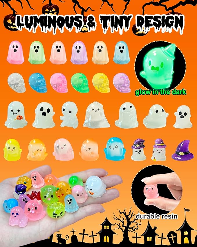 72 Pcs Halloween Mini Resin Animals Figures Kit - Luminous Tiny Resin Figurines Accessories, Glow in The Dark Miniature Ghost Figurines for Halloween Party, Micro Landscape, Tabletop Decor-CasaMuseHome