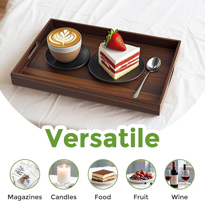 Acacia Wood Serving Tray with Handles, 17 Inch Wooden Tray for Ottoman, Breakfast, Lunch, Dinner, Decorative Rectangular Tray for Living Room, Kitchen Counter, Outdoor-CasaMuseHome