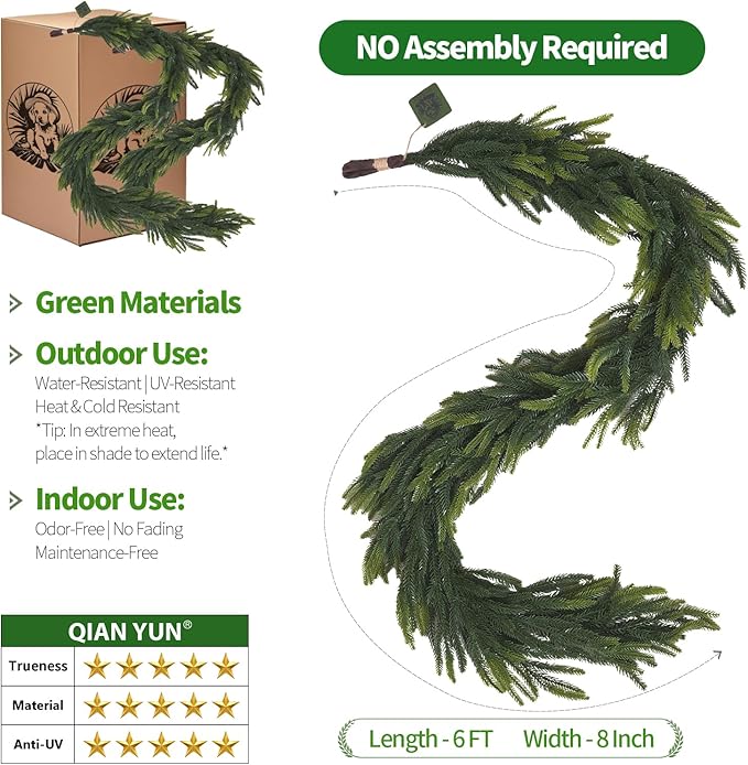 6FT Artificial Norfolk Pine Garland – Real Touch Greenery Garland, Dense Green Plants for Indoor Outdoor Christmas, Holiday, and Home Decoration (2, 6FT-)-CasaMuseHome