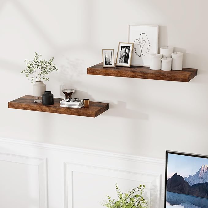 24 x 9 Floating Shelves, 9 Inch Deep Floating Shelf Wall Mounted, 24 Inch Bathroom Shelves Set of 2, Rustic Wood Wall Shelf for Bedroom, Living Room, Rustic Brown Color-CasaMuseHome