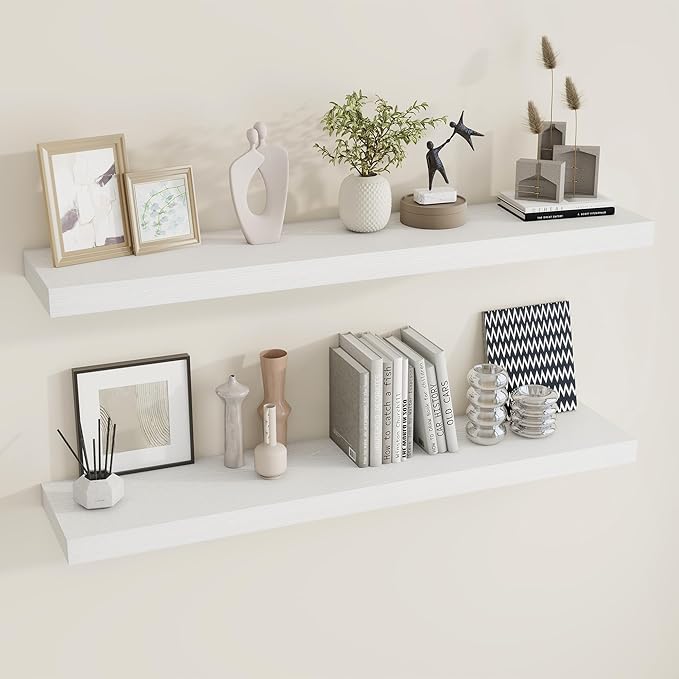 48 inch Floating Shelves for Wall Large Wall Mounted Shelves with Invisible Brackets, White Long Shelves for Bathroom, Living Room, Kitchen, Office, 48x9.1 inch deep Set of 2-CasaMuseHome