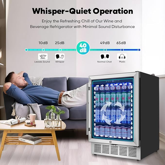 24" Beverage Refrigerator & Cooler, 180 Cans Under Counter Fridge with Lock, Glass Door & Powerful Cooling Compressor - Quiet, Built-in/Freestanding Drink Fridge-CasaMuseHome