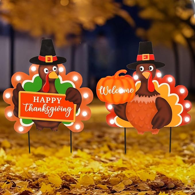 2 PCS Fall Decorations Outdoor Metal Happy Thanksgiving Decorative Garden Stakes with Led Light Welcome Pumpkin Turkey Yard Signs Fall Harvest Lawn Garden Lawn Pathway Decor-CasaMuseHome