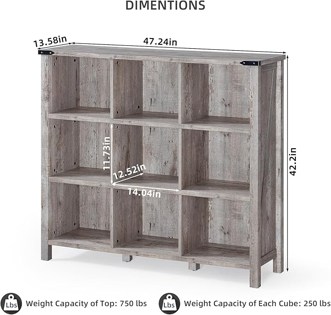 9 Cube Bookcase, Farmhouse 47 Inch Wide Grey Oak Bookshelf, Wooden 3 Tier Display Large Open Book Shelf, Vintage Horizontal Book Case for Home Office, Cubby Storage Cabinet for Living Room-CasaMuseHome