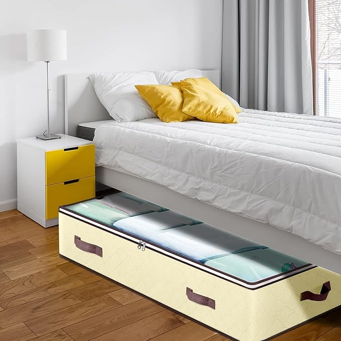 90L Under Bed Storage Containers, Closet Organizers and Storage Bins, Foldable Underbed Storage Bags for Blankets, Towels, Comforter, Sweaters, Pillows, Linen Sheets, Wrapping Paper, 4 Pack Beige-CasaMuseHome