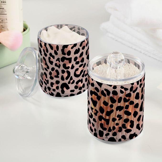 2 Pack Qtip Holder Dispenser Rose Gold Black Leopard Bathroom Storage Canister Lid Acrylic Plastic Apothecary Jar Set Vanity Makeup Organizer for Cotton Swab/Ball/Round Pads, Floss-CasaMuseHome