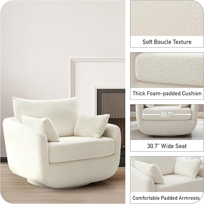 360° Swivel Accent Armchair, 39.3" Oversized, Sherpa Boucle Fabric Sofa Chair with Removable Back & Arm Pillows, Swivel Chair with Cozy Soft Padded, No Assembly Required (1, Cream White)-CasaMuseHome