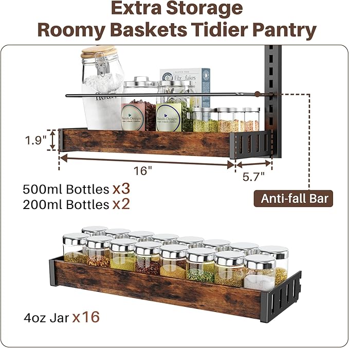 8 Tier Over The Door Pantry Organizer, 2 IN 1 Wall Mount or Metal Hanging Spice Rack for Pantry Organizers and Storage, Seasoning Shelves，Adjustable Basket with Hooks for Kitchen, Bathroom,Laundry-CasaMuseHome