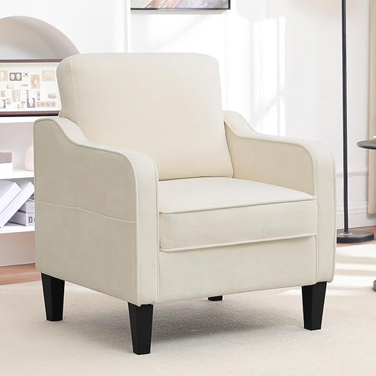 Accent Chair for Living Room, Mid Century Modern Reading Chair for Bedroom, Upholstered Armchair with Side Pockets, Comfy Single Sofa Side Chair for Office, Apartment, Small Room, Beige-CasaMuseHome