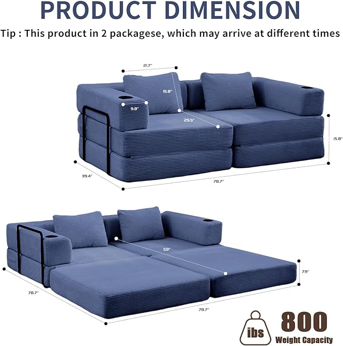 78" W Loveseat Sofa, 4 in 1 Convertible Floor Sofa Bed, Boneless Cloud Couch with Cup Holder, Fold Out Floor Couch, Loveseat Recliner Sleeper for Living Room Bedroom Lounge(Corduroy, White)-CasaMuseHome