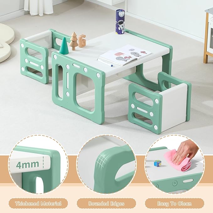3 in 1 Montessori Weaning Table and 2 Chairs Set, Kids Activity Table Set, 2 Height Levels, Toddlers Activity Table for Drawing, Dining, Reading and Playing, Green-CasaMuseHome