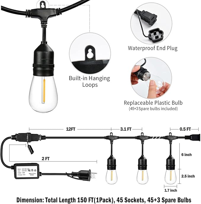 1-Pack 150 ft Outdoor String Lights with Remote Patio Lights Weatherproof, 45+3 Spare S14 Shatterproof Warm 2200K Bulbs, 3 Lighting Modes&Dimmable&Timer-CasaMuseHome