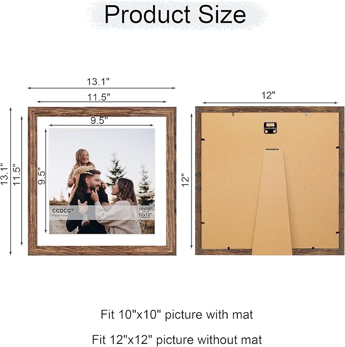 12x12 Picture Frame Set of 4, 12 x 12 Wood Photo Frames with Mat for 10x10 or 30x30cm Diamond Painting Art, Wooden Frame with Real Glass Cover for Wall and Tabletop Display,Rustic Brown-CasaMuseHome