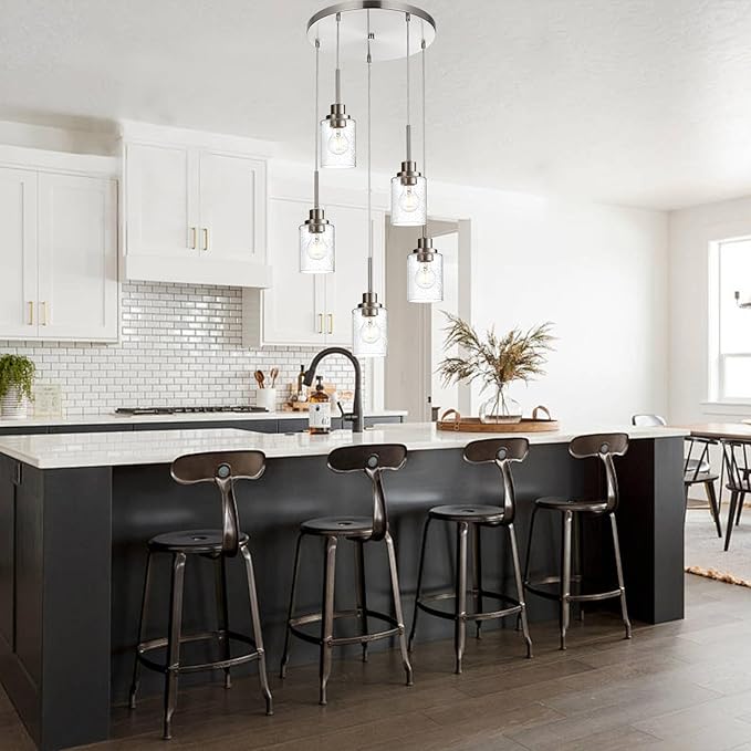 5 Light Farmhouse Pendant Lighting for Kitchen Island,Brushed Nickel Dining Room Cluster Pendant Light Fixtures Hanging Ceiling with Seeded Glass,Modern Pendant Light for Entrance Stairwell-CasaMuseHome