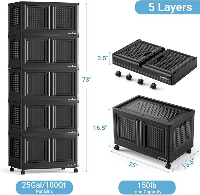 500Qt Stackable Storage Bins with Lids, 125Gal Closet Organizers and Storage Drawer, Plastic Collapsible Storage Bins with Doors, Heavy Duty Store Box Cabinet for Home Kitchen, 5Pack Black-CasaMuseHome
