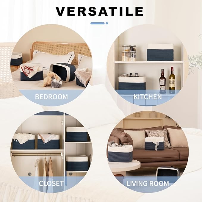 4 Pack Storage Baskets for Organizing, Woven Baskets for Shelves - Perfect for Toys, Books, Towels, and Clothes, Durable Gift Basket Bins Toy Storage, 12.7''L x9''W x7.8''H, Blue and White-CasaMuseHome