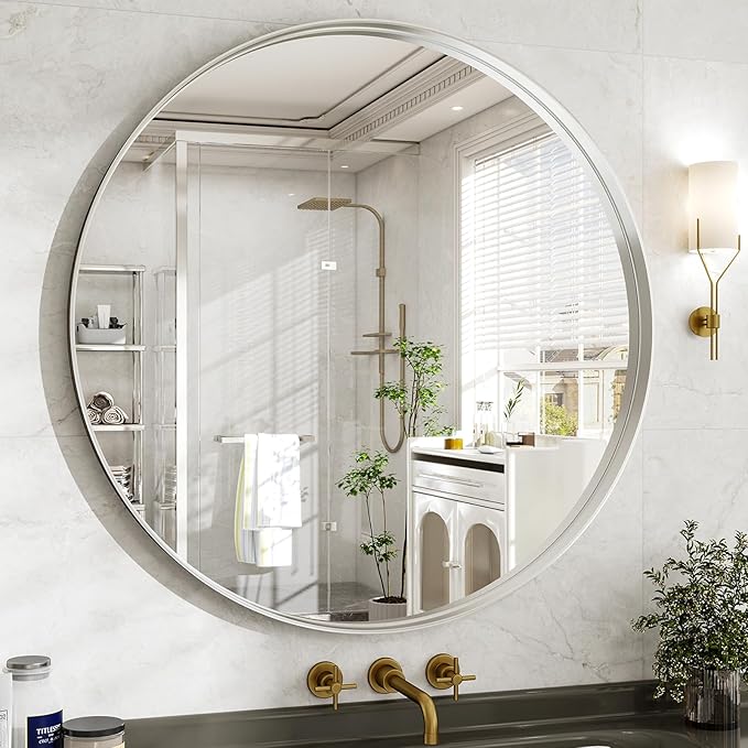 48 Inch Round Bathroom Mirror - Wall Mounted Circle Mirror with Metal Frame, Modern Mirror Suitable for Bathroom, Vanity, Entryway, Living Room, Wall Decor,Silver-CasaMuseHome
