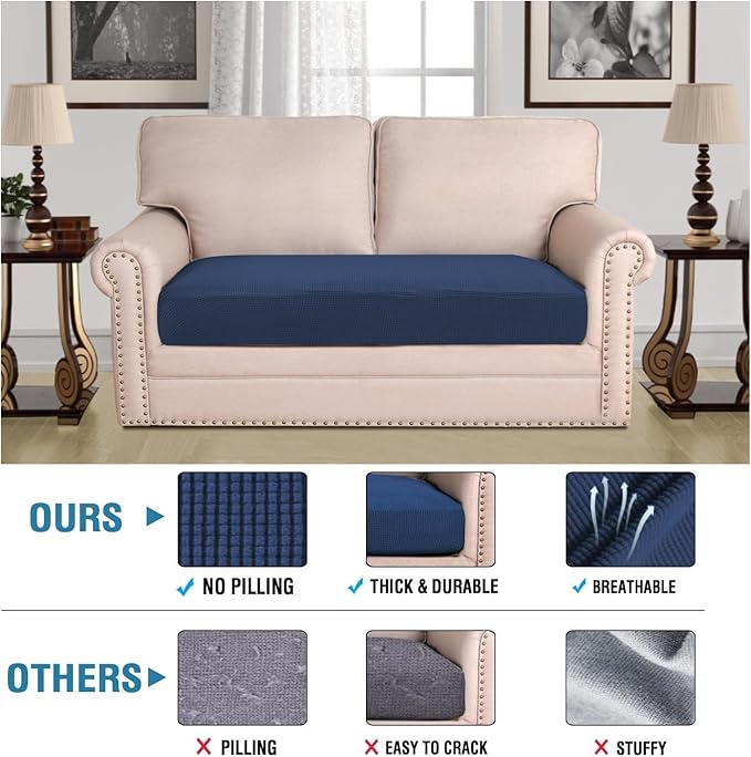 H.VERSAILTEX Super Stretch Individual Seat Cushion Covers Sofa Covers Couch Cushion Covers Slipcover Sets Thick Jacquard Textured Twill Fabric (1 Piece Loveseat Cushion Cover, Navy)-CasaMuseHome