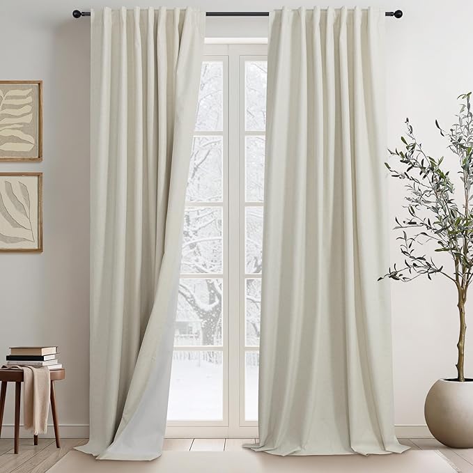 95 Inch Curtains 2 Panels Set UV/Heat Blocking for Summer Modern Farmhouse Beige Curtains for Living Room Darkening Curtain for Sliding Glass Door Patio Linen Blend Blackout Drapes Back Tab 52x95 Long-CasaMuseHome