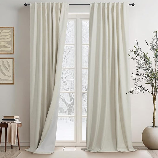 95 Inch Curtains 2 Panels Set UV/Heat Blocking for Summer Modern Farmhouse Beige Curtains for Living Room Darkening Curtain for Sliding Glass Door Patio Linen Blend Blackout Drapes Back Tab 52x95 Long-CasaMuseHome