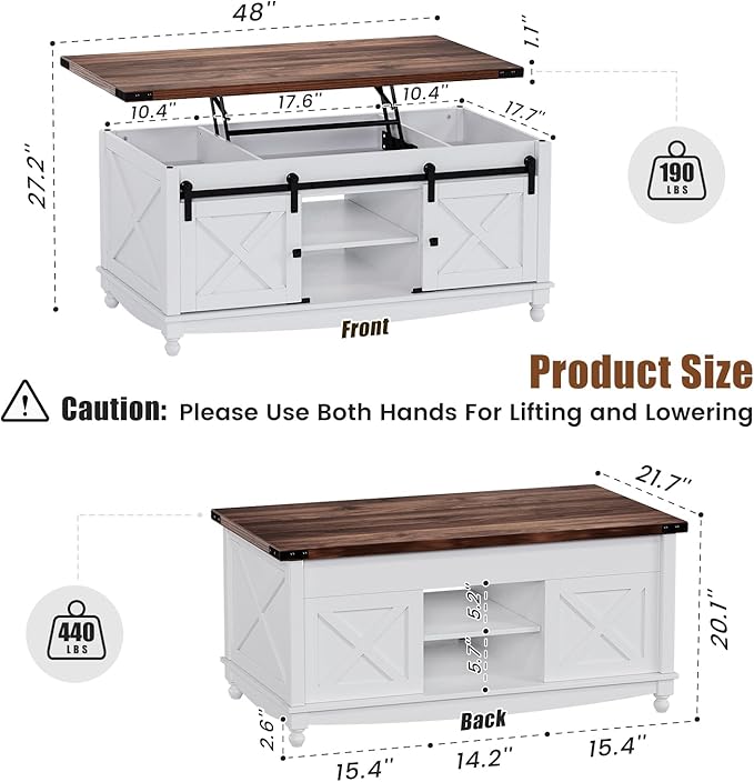 48" Farmhouse Lift Top Coffee Table with Storage Sliding Barn Door & Large Hidden Compartment, Coffee Table with Lifting Top with Wooden Lift Tabletop, Coffee Tables for Living Room, White-CasaMuseHome