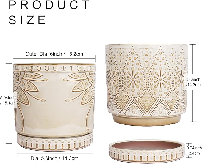 6 Inch Indoor Plant Pots with Drainage Holes and Saucers, Ceramic Planter for Plants, Flower Pot - Set of 2-CasaMuseHome