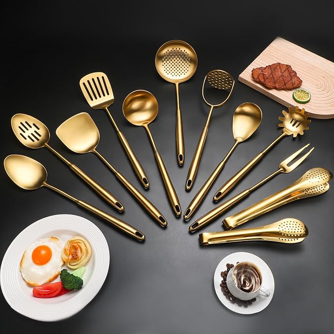 304 Stainlss Steel Matte Kitchen Utensils Set, 12 Pcs Long Metal Cooking Utensil Gadgets Tools Set with Spatula, Ladle, Spoon, Ladle, Skimmer, Tunner, Pasta Server, Tongs(Gold, Dishwasher Safe)-CasaMuseHome