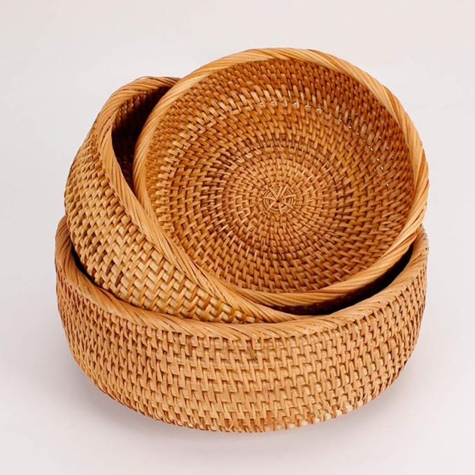 3 Pack Hadewoven Round Rattan Fruit Basket Wicker Food Tray Weaving Storage Holder Dinning Room Bowl, 10 Inch Small Wicker Basket Serving Tray Woven Basket for Bread,Snack,Brown(3-Size Kit)-CasaMuseHome