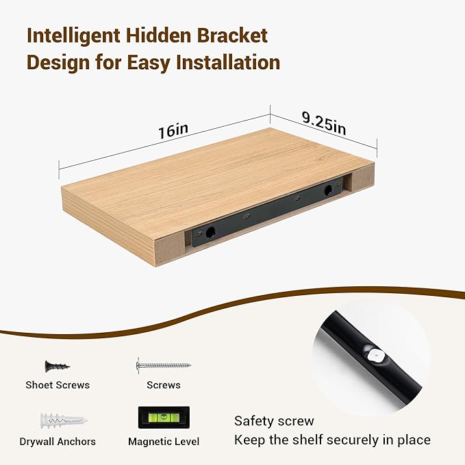 16 Inch Floating Shelves, 3D Textured Wood Grain, 16"x9.25"x1.5" Inch Deep Floating Shelves for Wall, Wooden Shelves for Bathroom, Bedroom, Living Room, Natural-CasaMuseHome