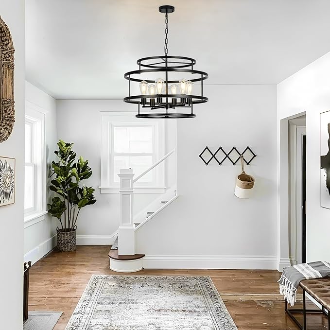 24" Black Chandelier, 6-Light Farmhouse Pendant Light Fixture with Geometric Metal Frame, Modern Industrial Ceiling Hanging Light for Dining Room, Living Room, Bedroom, Kitchen Island, Hallway, Foyer-CasaMuseHome