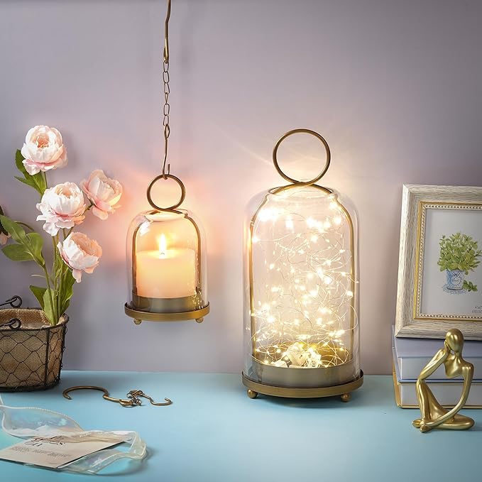 6" & 4" Versatile Modern Metal Hurricane Lantern in Set of 2 with Handmade Sturdy Glass Dome for Pillar Candle & Plants (Brass, 4"x7.5" &6.3"x11.2")-CasaMuseHome